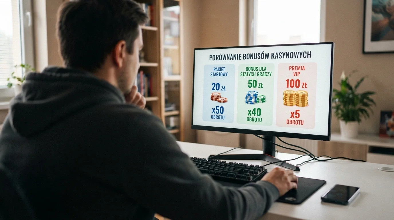 Tabela porównawcza na monitorze pokazująca kwoty bonusów, wager i limity wypłat dla różnych kasyn