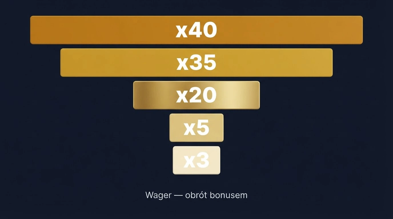 Zestawienie kart graficznych z logo kasyn i wartościami bonusów, ułożonych od najkorzystniejszego do najmniej opłacalnego warunku obrotu