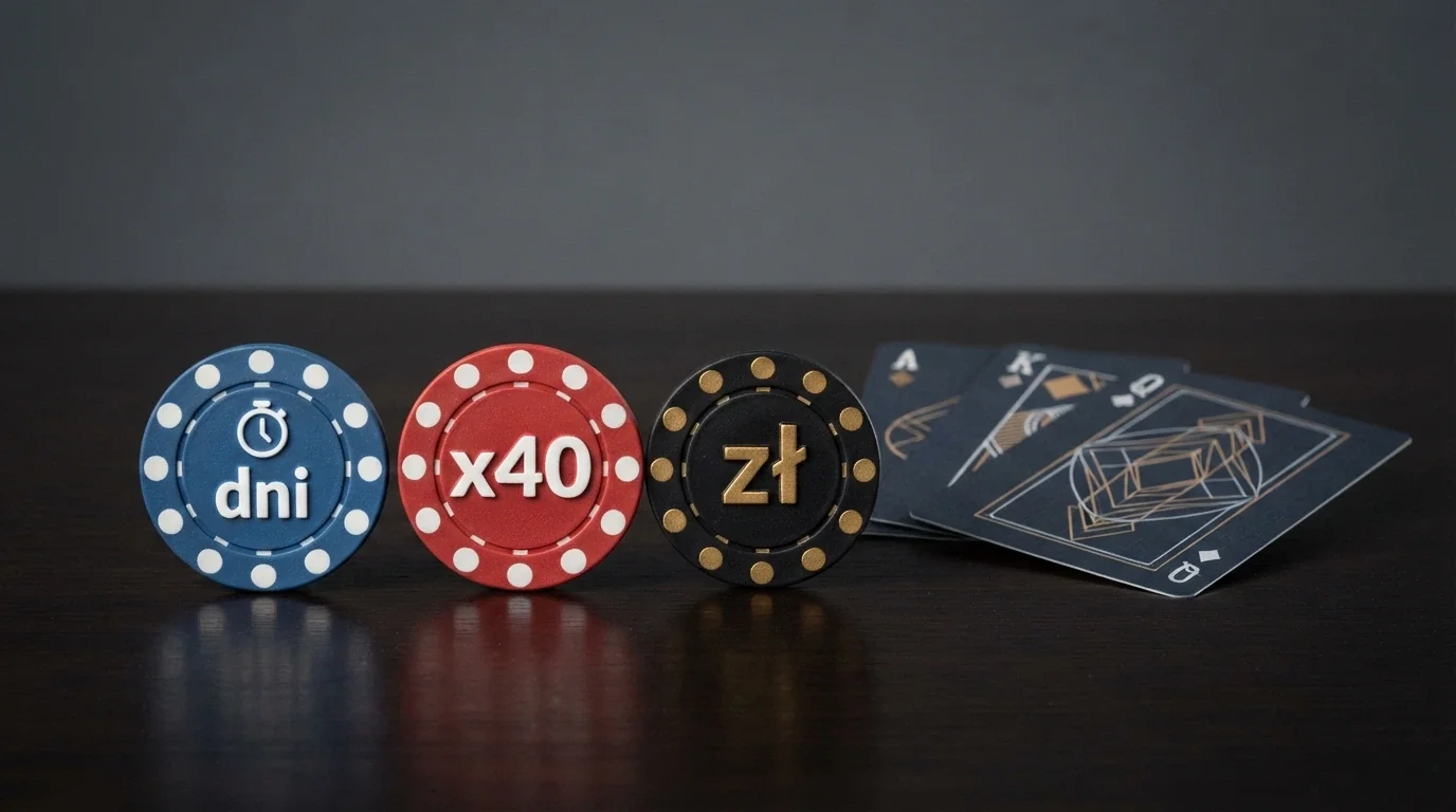Zestawienie kart kasynowych z różnymi symbolami: wager x40, zegar 3 dni, limit wypłaty 500 zł