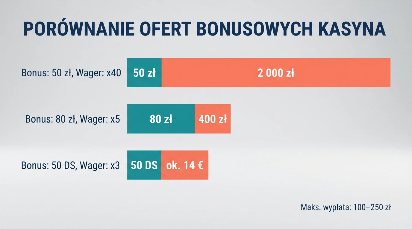 Zbliżenie na tabelę porównawczą z wartościami bonusów, wymogami obrotu i limitami wypłat przy różnych ofertach kasyn online