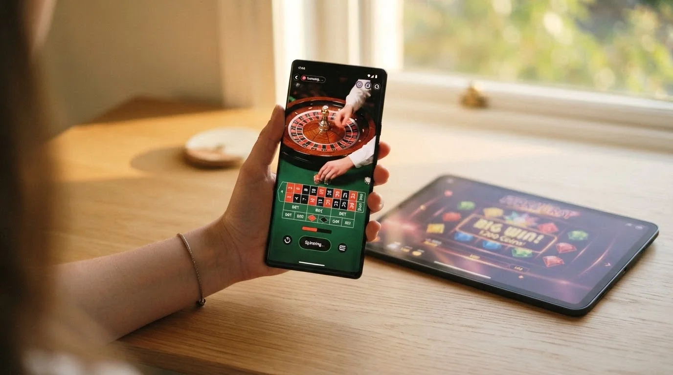 Telefon wyświetlający grę live casino Pragmatic Play z krupierem przy stole Mega Roulette, obok tablet z otwartym slotem PP