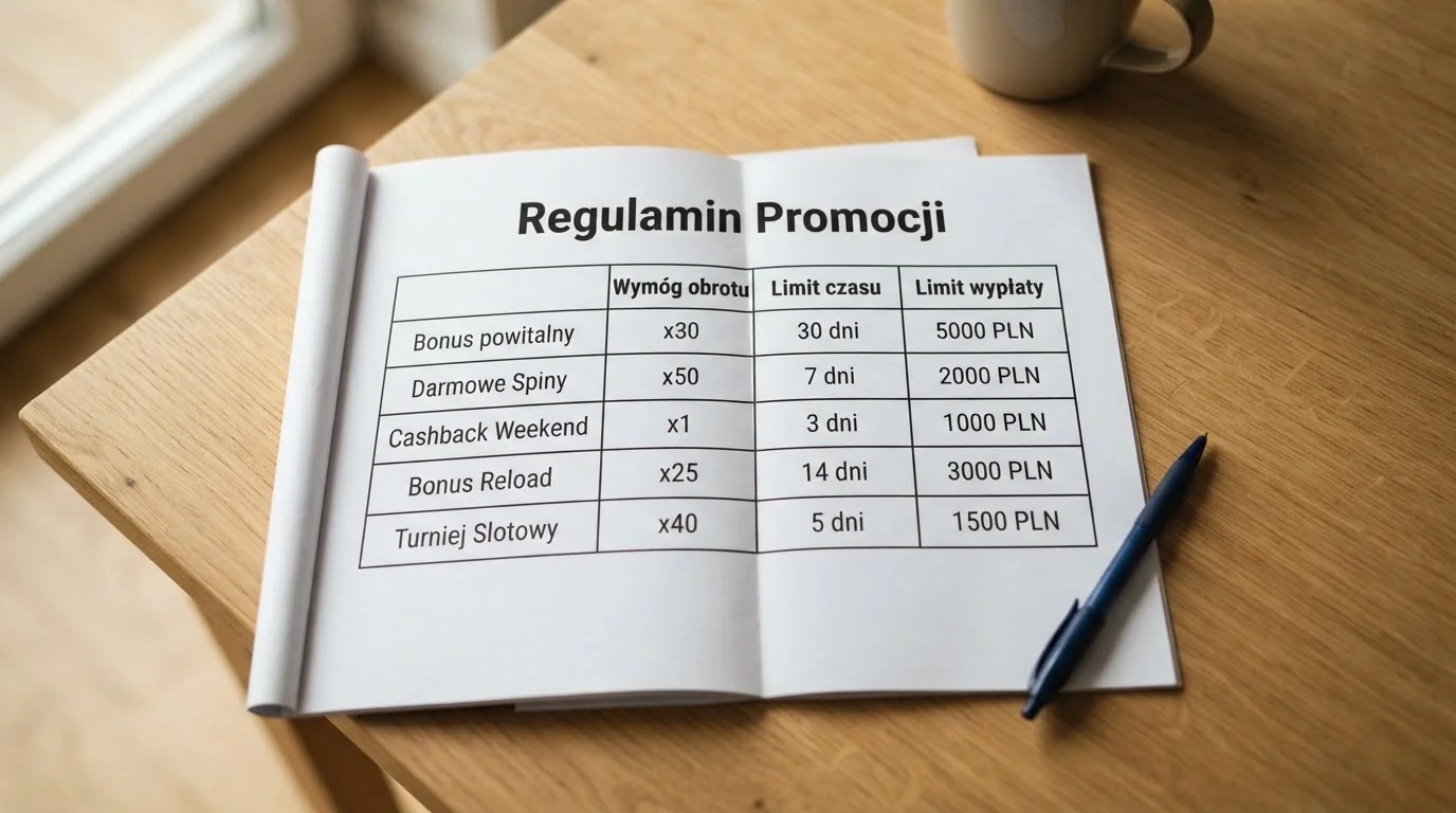 Dokument regulaminu promocji z widoczną tabelą warunków obrotu i limitów