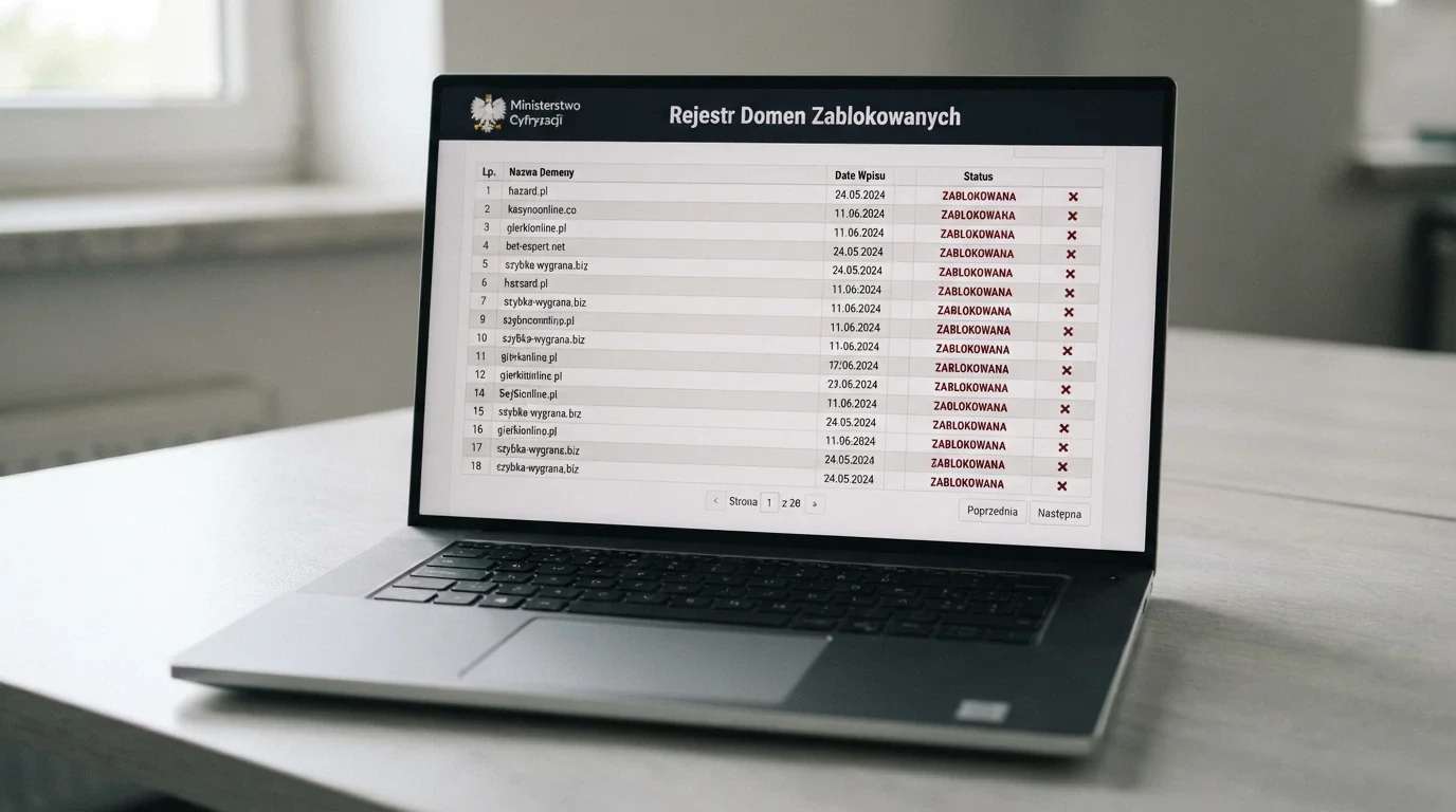Fragment strony hazard.mf.gov.pl — publiczny rejestr domen hazardowych z listą zablokowanych adresów i datami wpisów