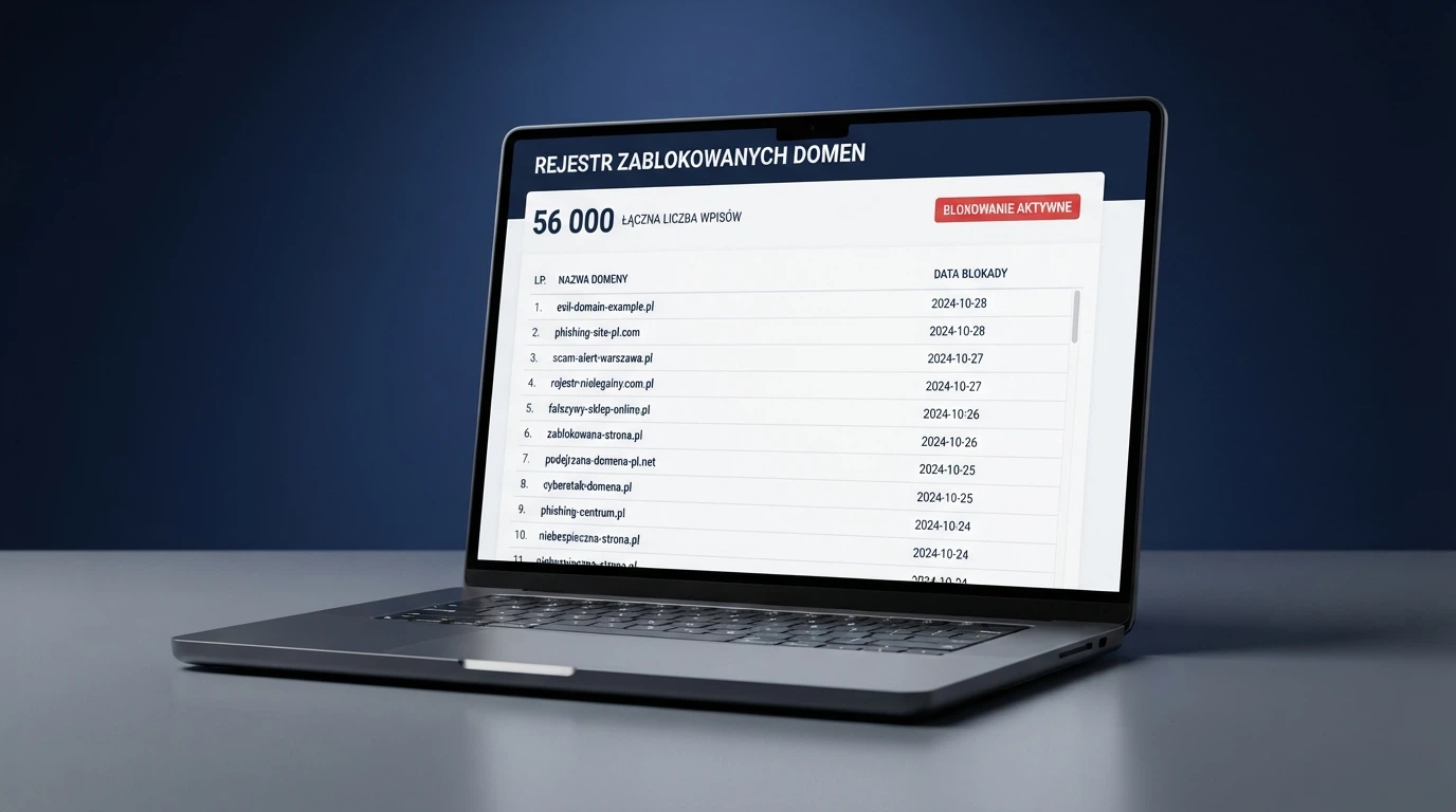 Fragment interfejsu Rejestru Domen MF — lista zablokowanych domen hazardowych z datami wpisów, z widoczną skalą rejestru