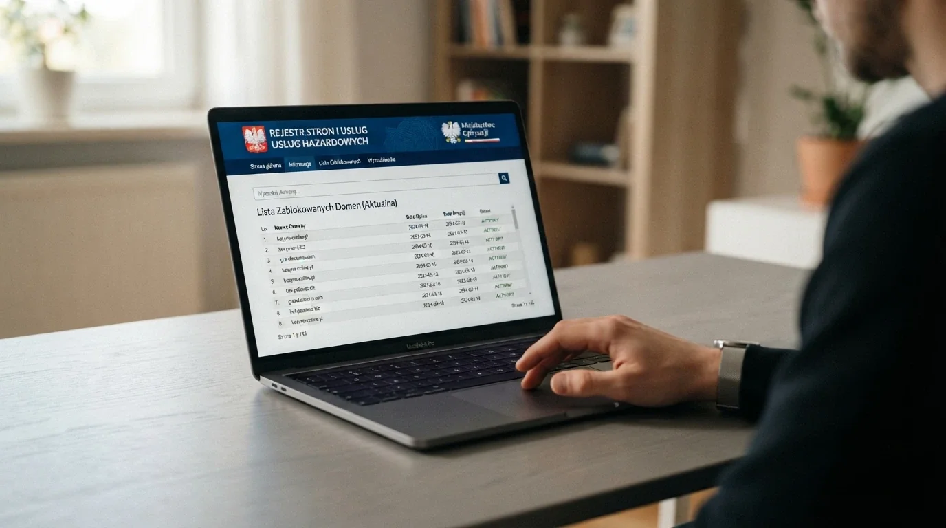 Strona hazard.mf.gov.pl — oficjalny interfejs Rejestru Domen Służących do Oferowania Gier Hazardowych Niezgodnie z Ustawą z widocznym polem wyszukiwania i listą zablokowanych domen