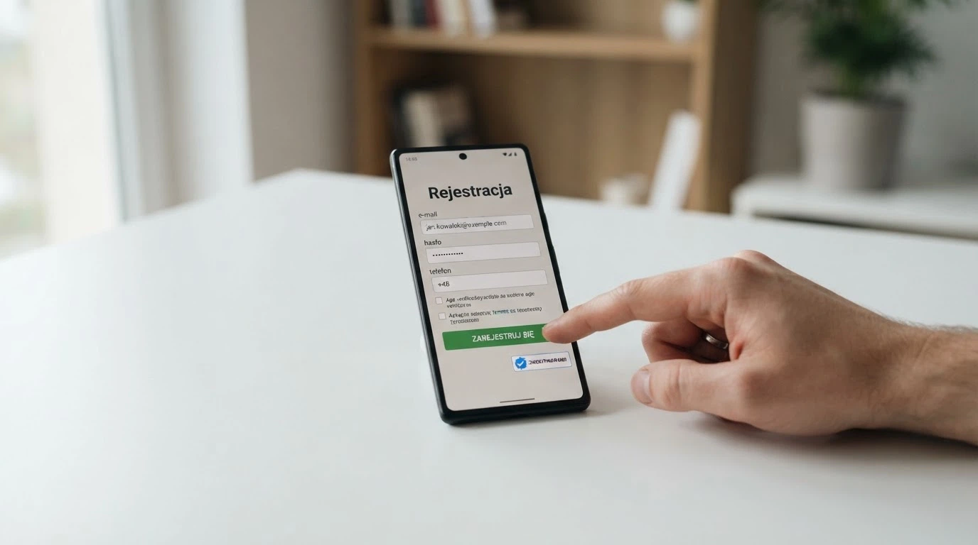 Formularz rejestracyjny w kasynie online z polami: adres e-mail, hasło, numer telefonu, oraz komunikatem o konieczności weryfikacji konta