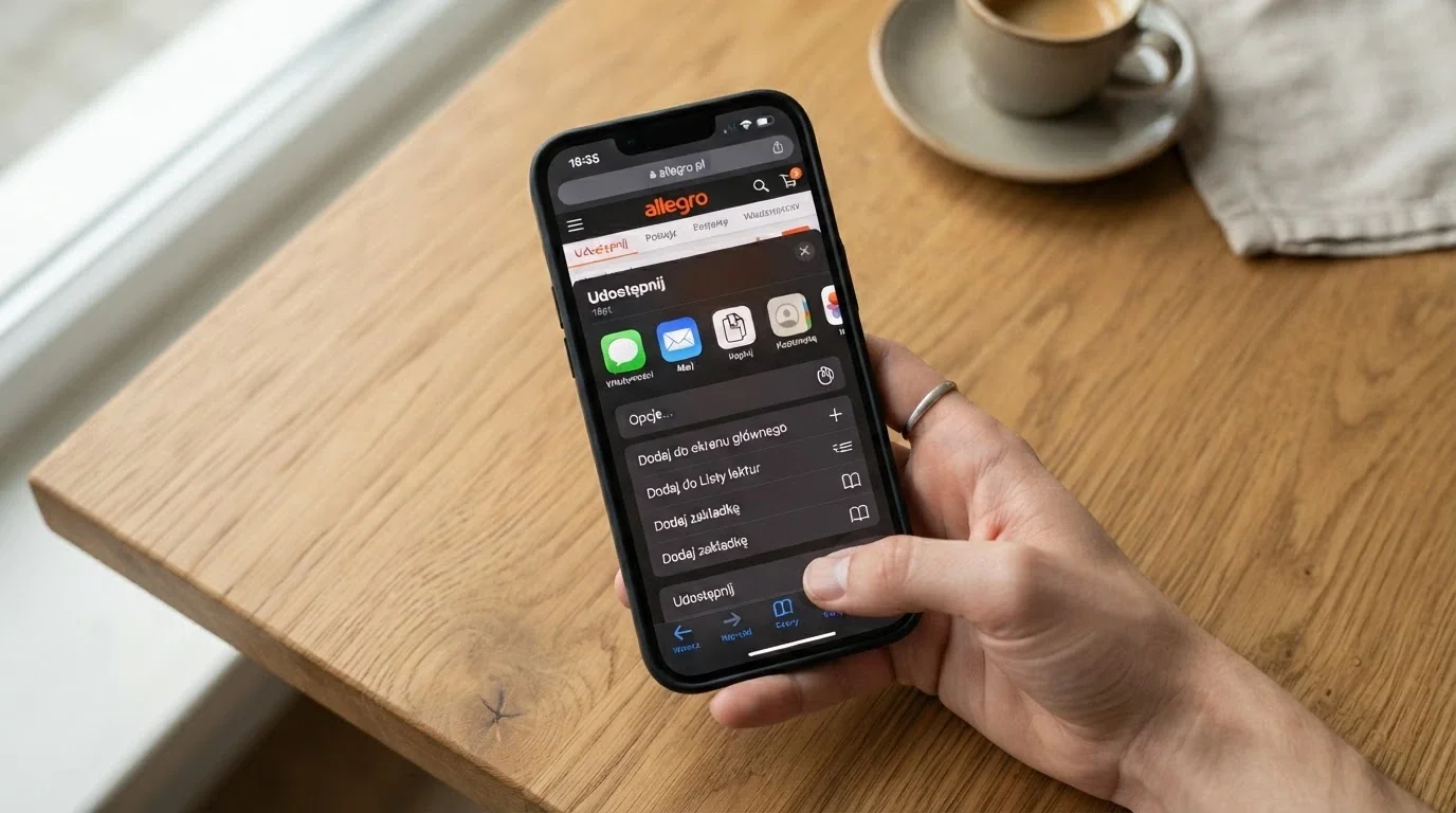 Dłoń trzymająca iPhone'a z otwartym menu „Udostępnij” w Safari — widoczna opcja „Dodaj do ekranu głównego” jako sposób instalacji kasyna PWA