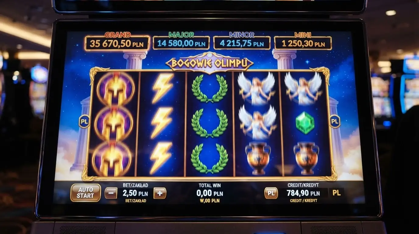 Ekran slotu Age of the Gods od Playtech z widocznymi bębnami, symbolem jackpota i interfejsem gry