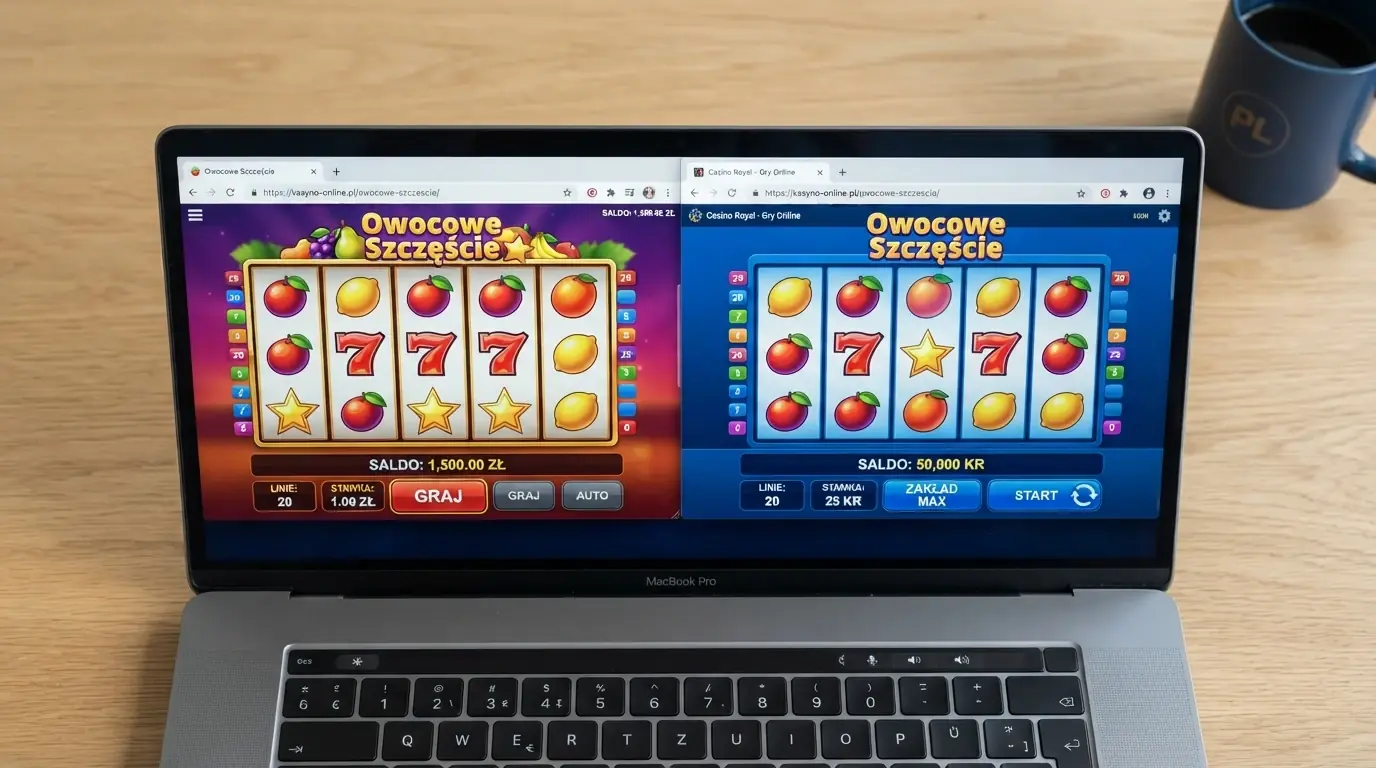 Ten sam slot w dwóch oknach przeglądarki: po lewej tryb na prawdziwe pieniądze z saldem w PLN, po prawej tryb demo z wirtualnymi 50 000 kredytów