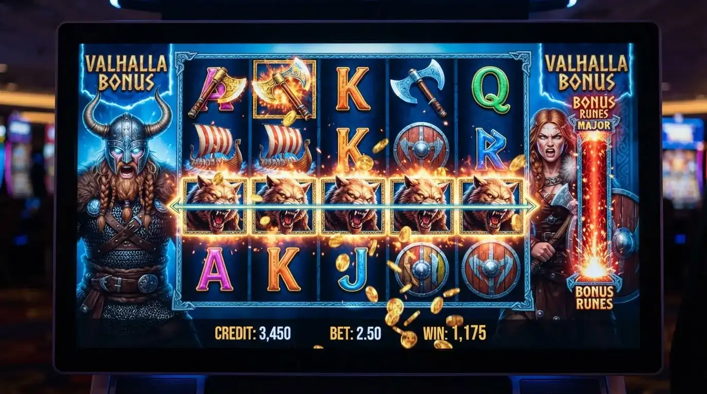 Ekran automatu Vikings Go Berzerk od Yggdrasil z postaciami Wikingów, symbolami runicznymi i aktywnym trybem bonusowym