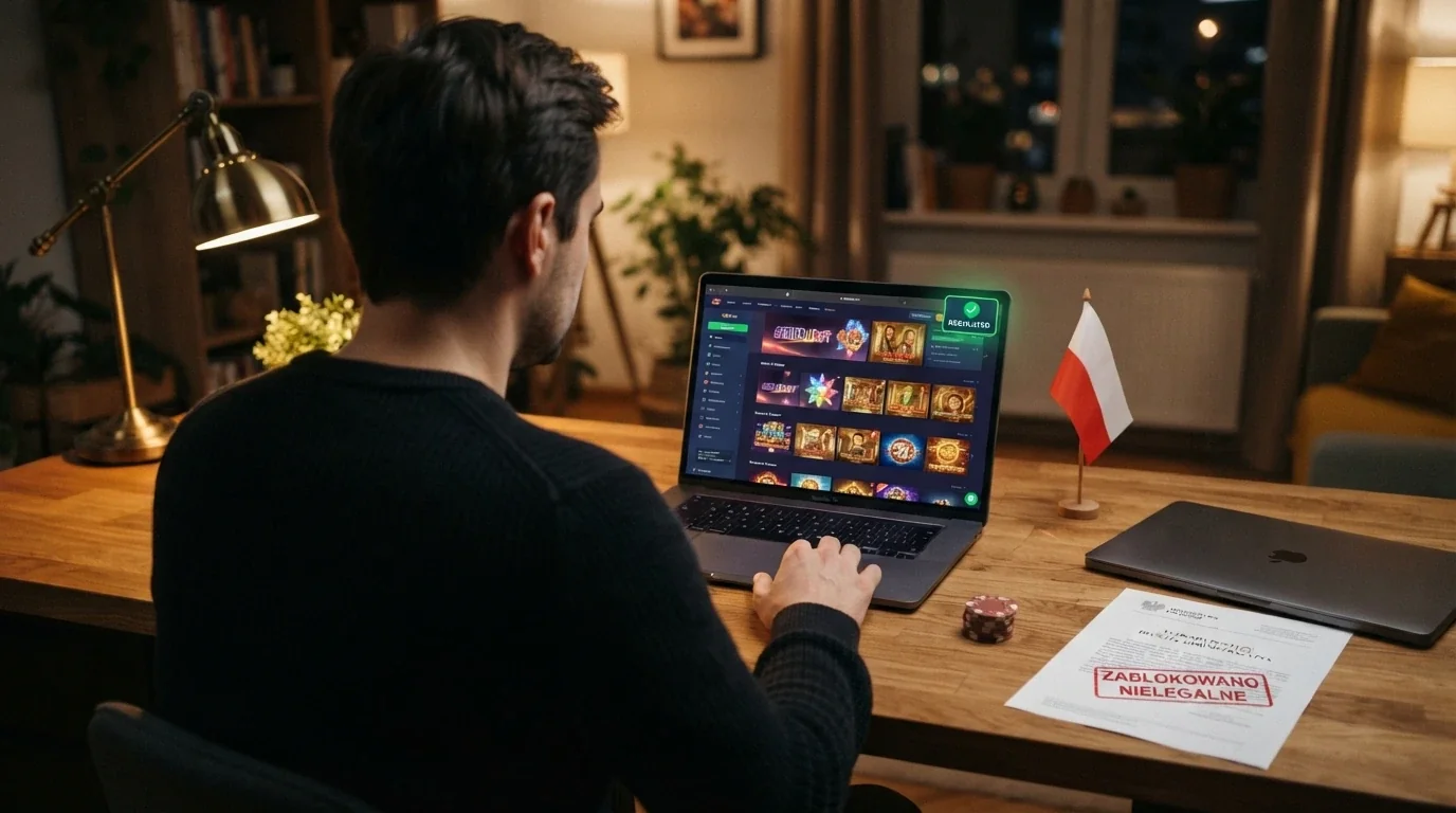 Plansza z podziałem — z lewej Total Casino jako jedyne legalne kasyno, z prawej operatorzy offshore z oznaczeniem ryzyka