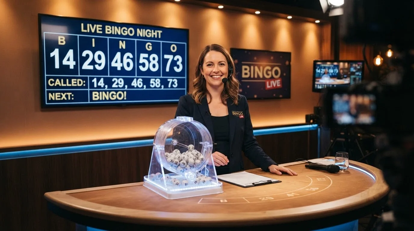 Krupier przy stole do bingo na żywo z maszyną losującą, widok transmisji na ekranie obok z interfejsem gracza