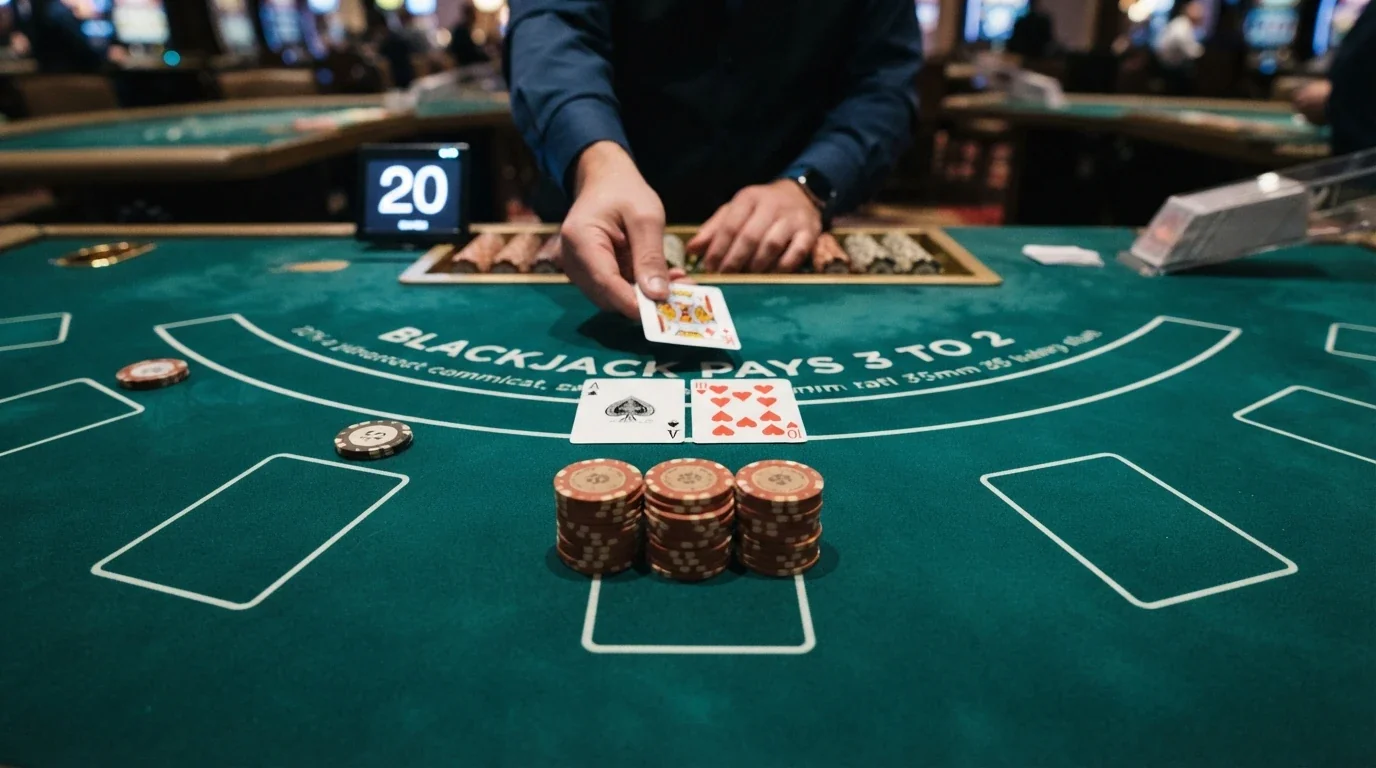 Stół do blackjacka na żywo z krupierem — układ stołu, karty i interfejs gracza
