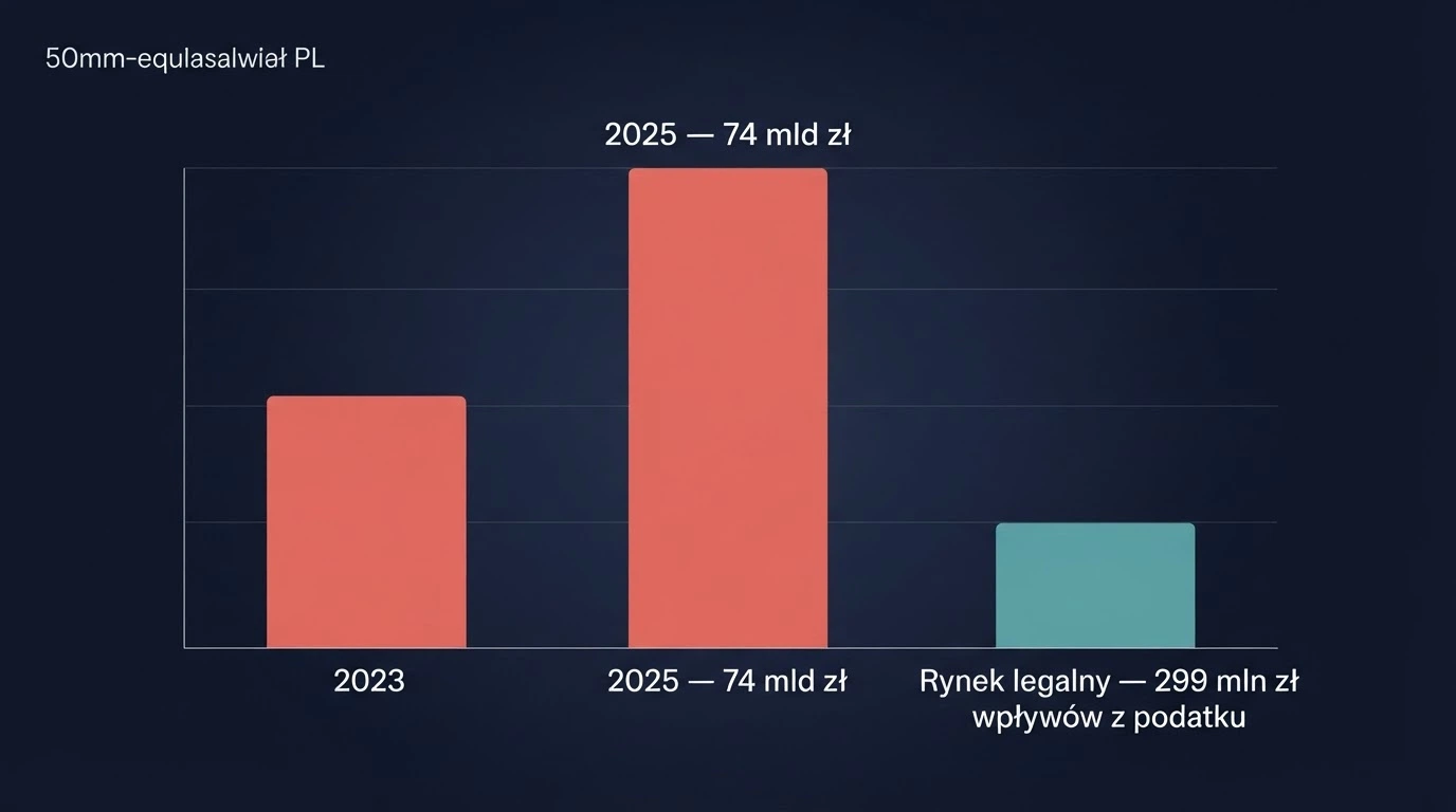 Wykres słupkowy pokazujący wzrost obrotu szarej strefy hazardowej w Polsce — słupek 2023, wyższy słupek 2025 z wartością 74 mld zł, obok mniejszy słupek legalnego rynku z wartością 299 mln zł wpływów z podatku
