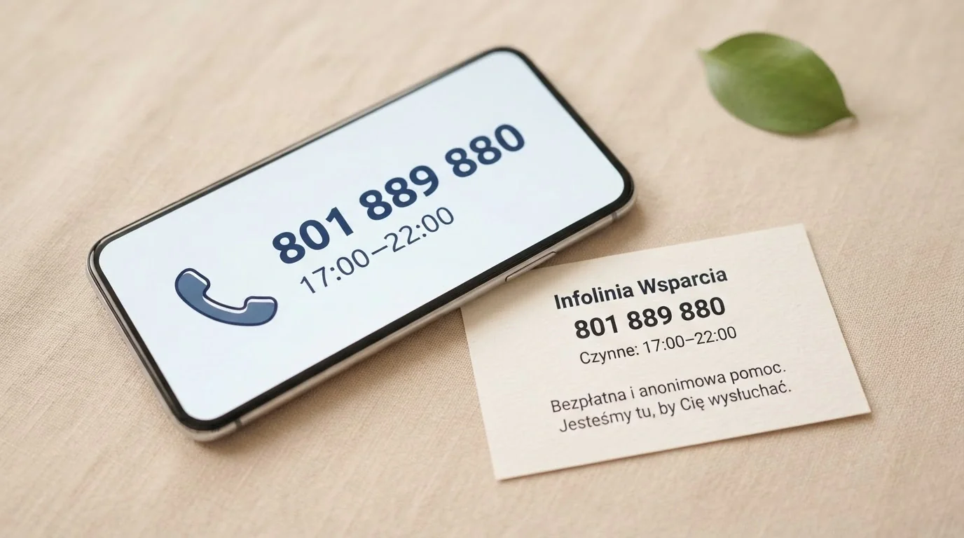 Infografika z numerem Telefonu Zaufania 801 889 880, godzinami działania i logo Instytutu Psychologii Zdrowia PTP