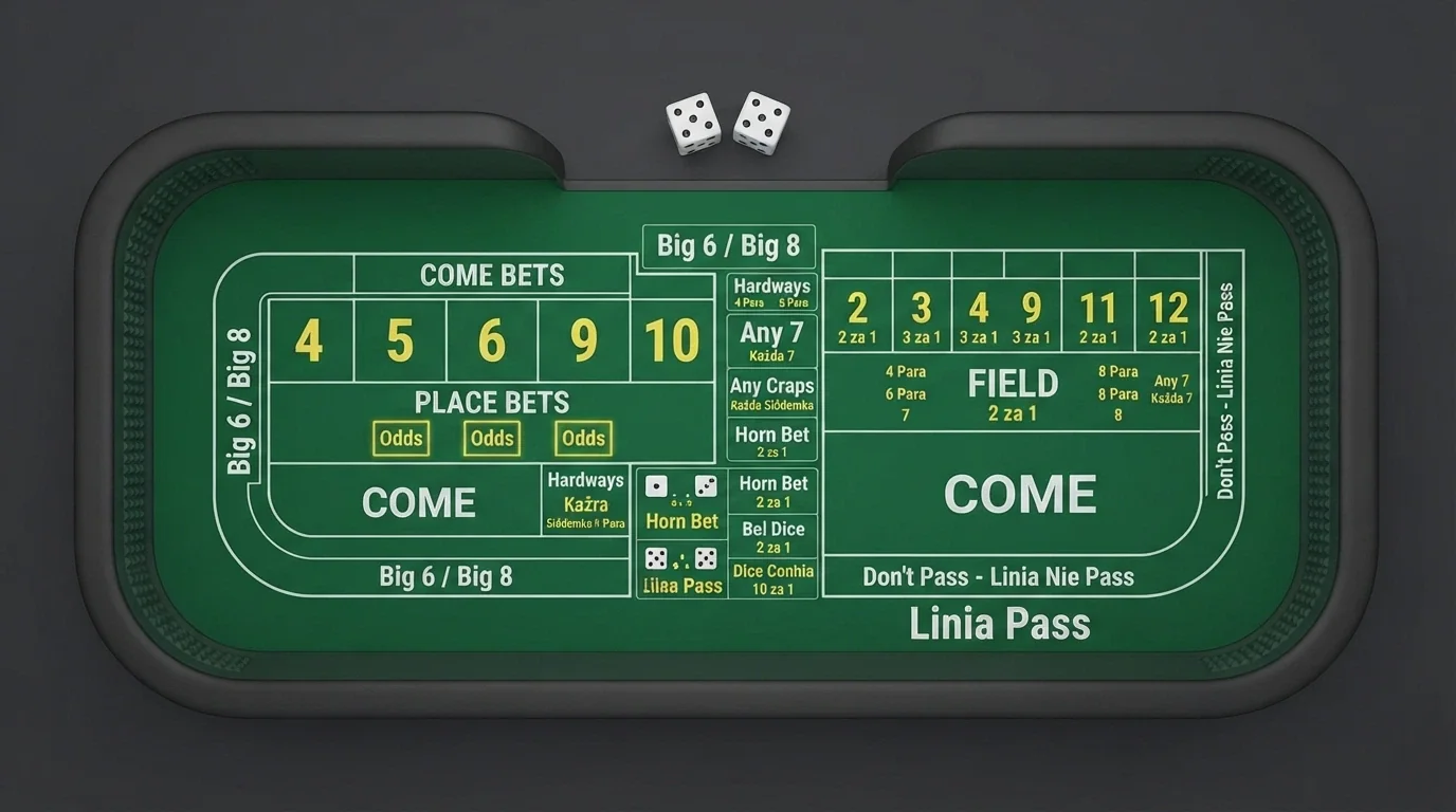 Schemat stołu do craps z zaznaczonymi polami zakładów: Pass Line, Don't Pass, Come, Field i Odds