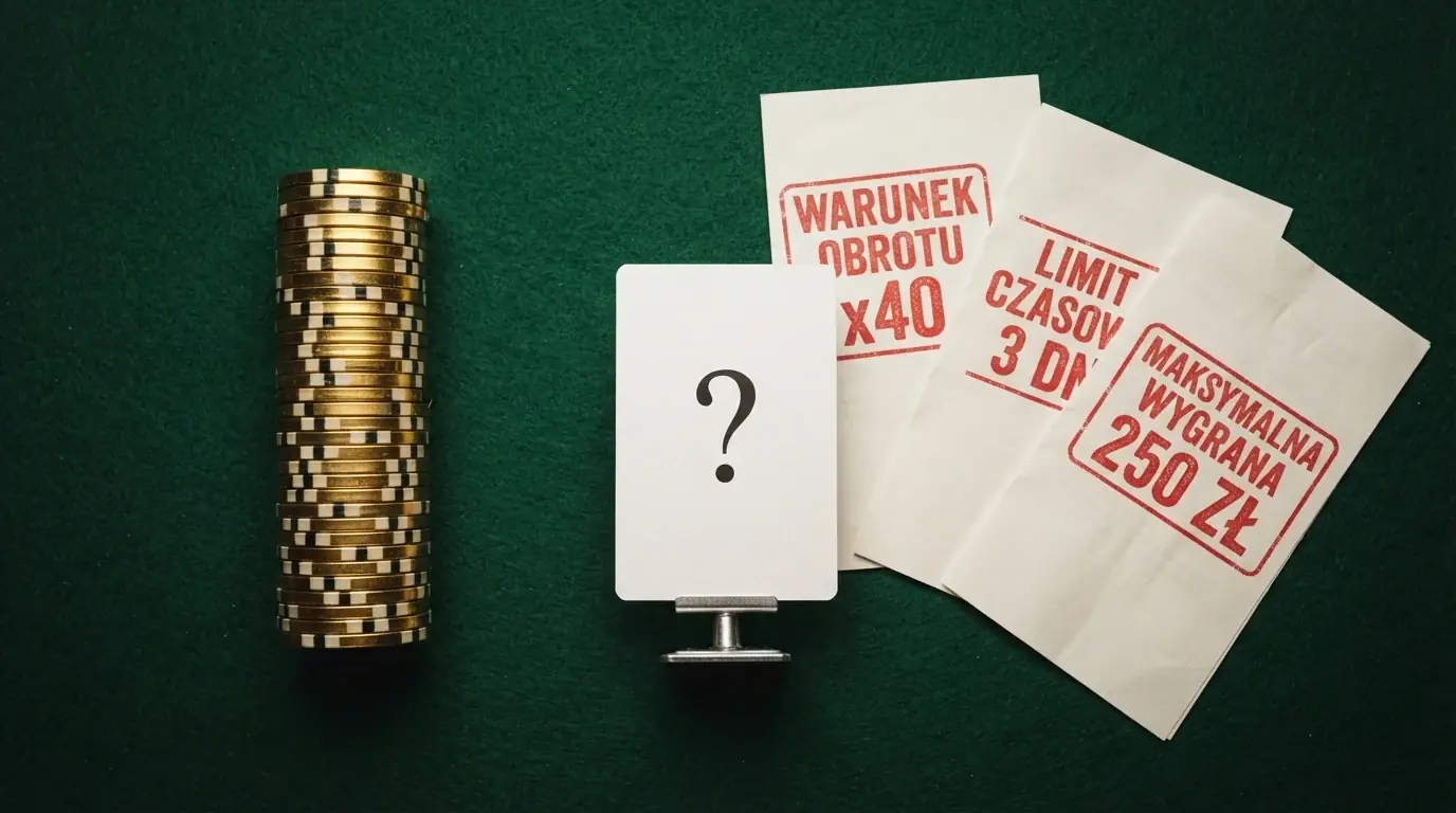 Stos monet z jednej strony i stos dokumentów z drugiej — na dokumentach widoczne pieczęcie „WARUNEK OBROTU x40”, „LIMIT CZASOWY 3 DNI”, „MAKSYMALNA WYGRANA 250 ZŁ”; pośrodku znak zapytania