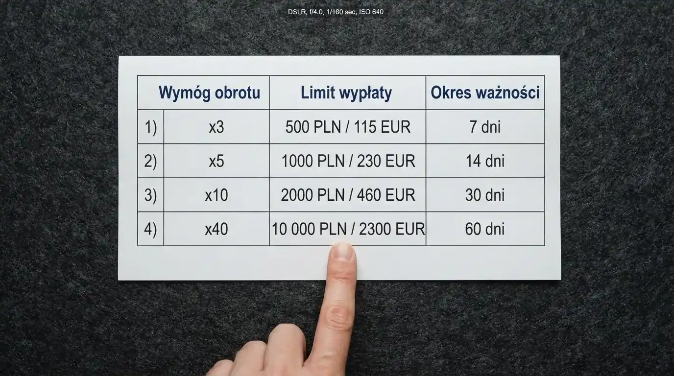 Zbliżenie na tabelę z warunkami bonusu — widoczne pola: wymóg obrotu, limit wypłaty, okres ważności