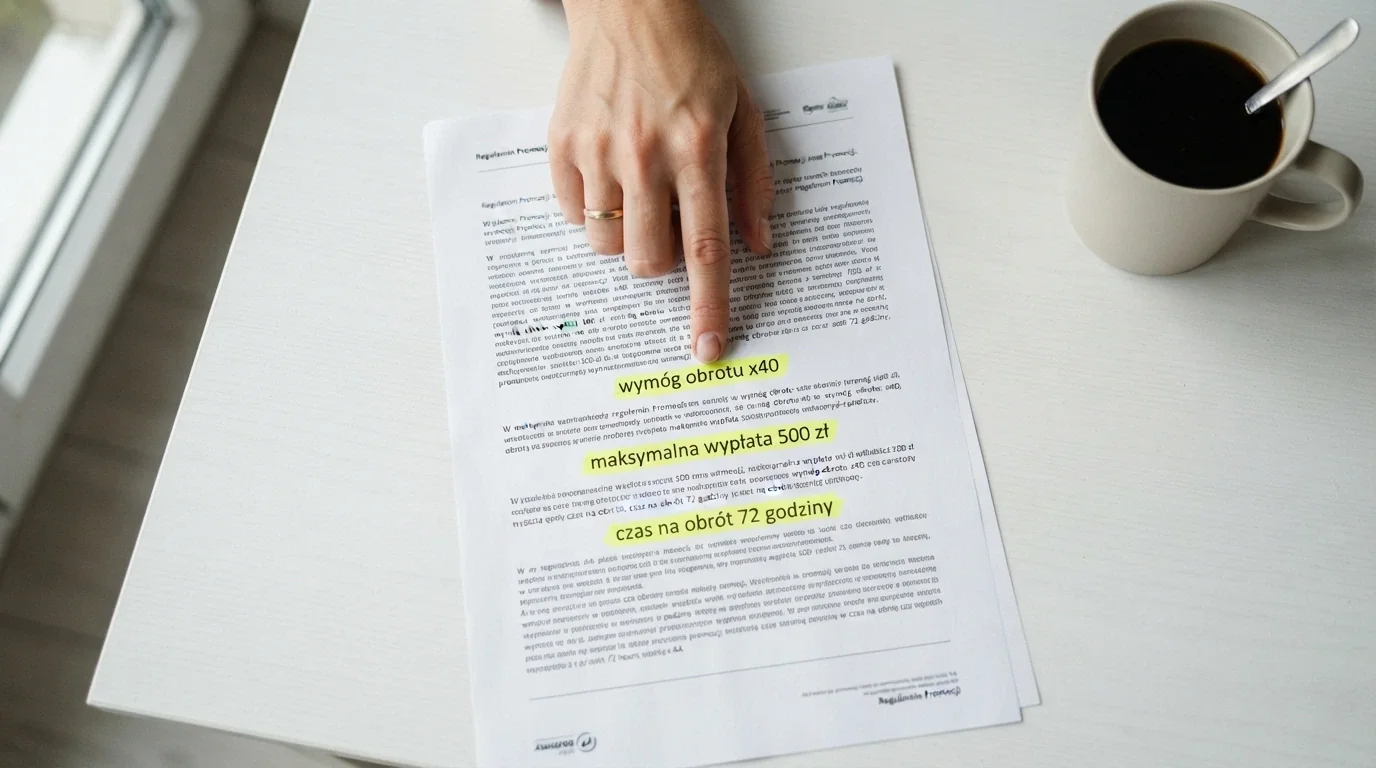 Zbliżenie na fragment regulaminu promocji kasynowej z widocznymi zapisami: „wymóg obrotu x40”, „maksymalna wypłata 500 zł”, „czas na obrót 72 godziny”