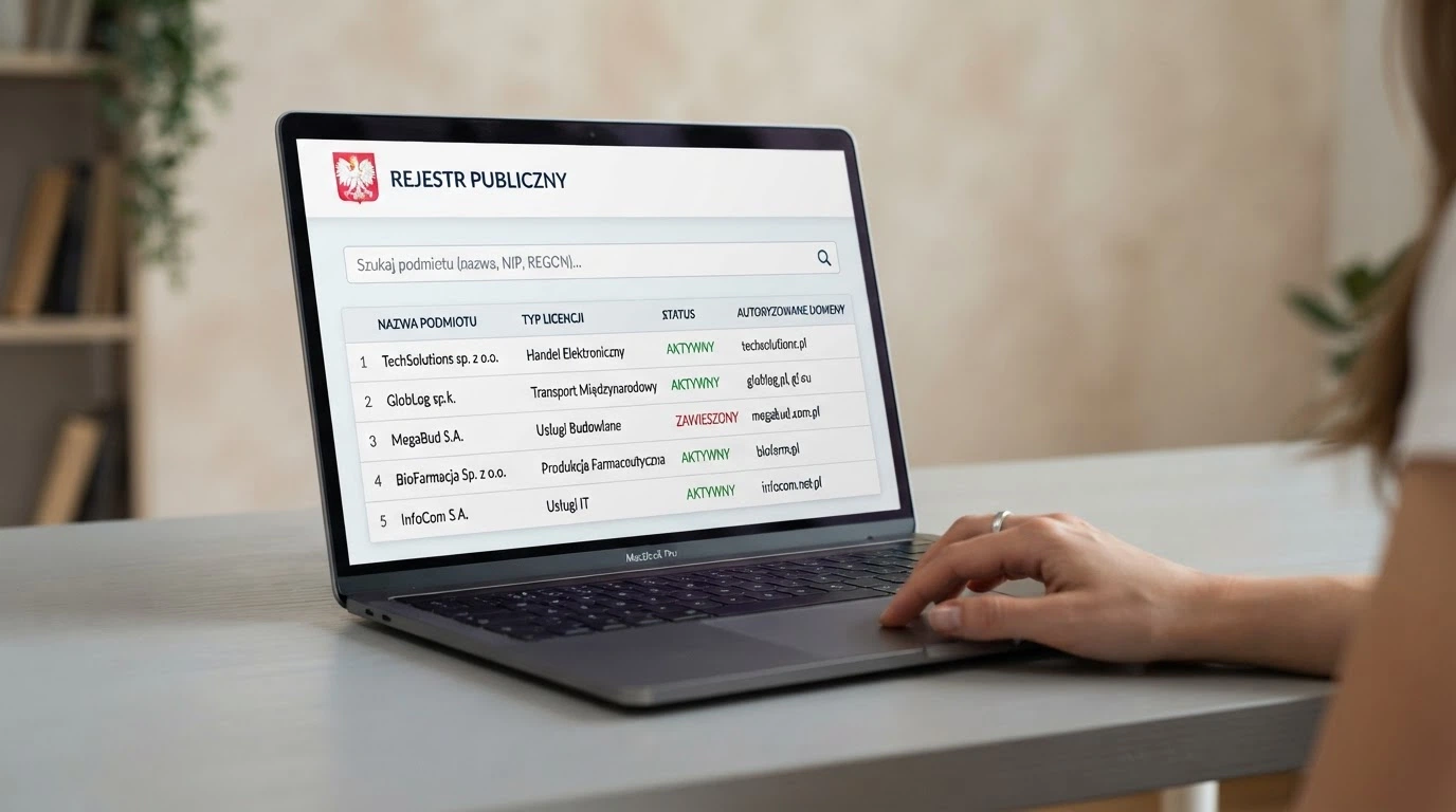 Fragment strony rejestru CGA (cga.cw) z widocznym polem wyszukiwania i przykładowym wpisem licencji — ekran weryfikacji