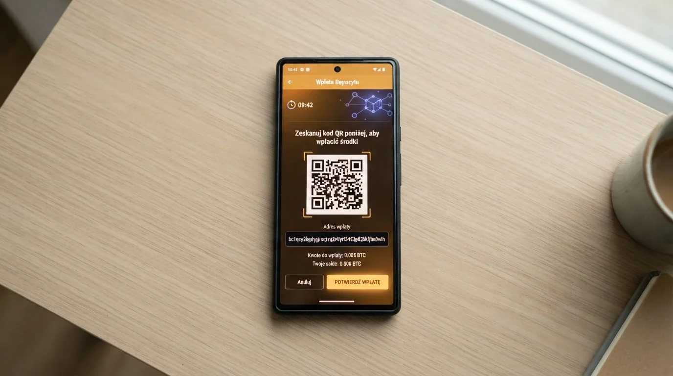 Interfejs kasyna online z otwartą sekcją „kasjer” — ekran pokazuje adres CashAddr do wpłaty BCH, obok zegar z czasem transakcji i symbol blockchain